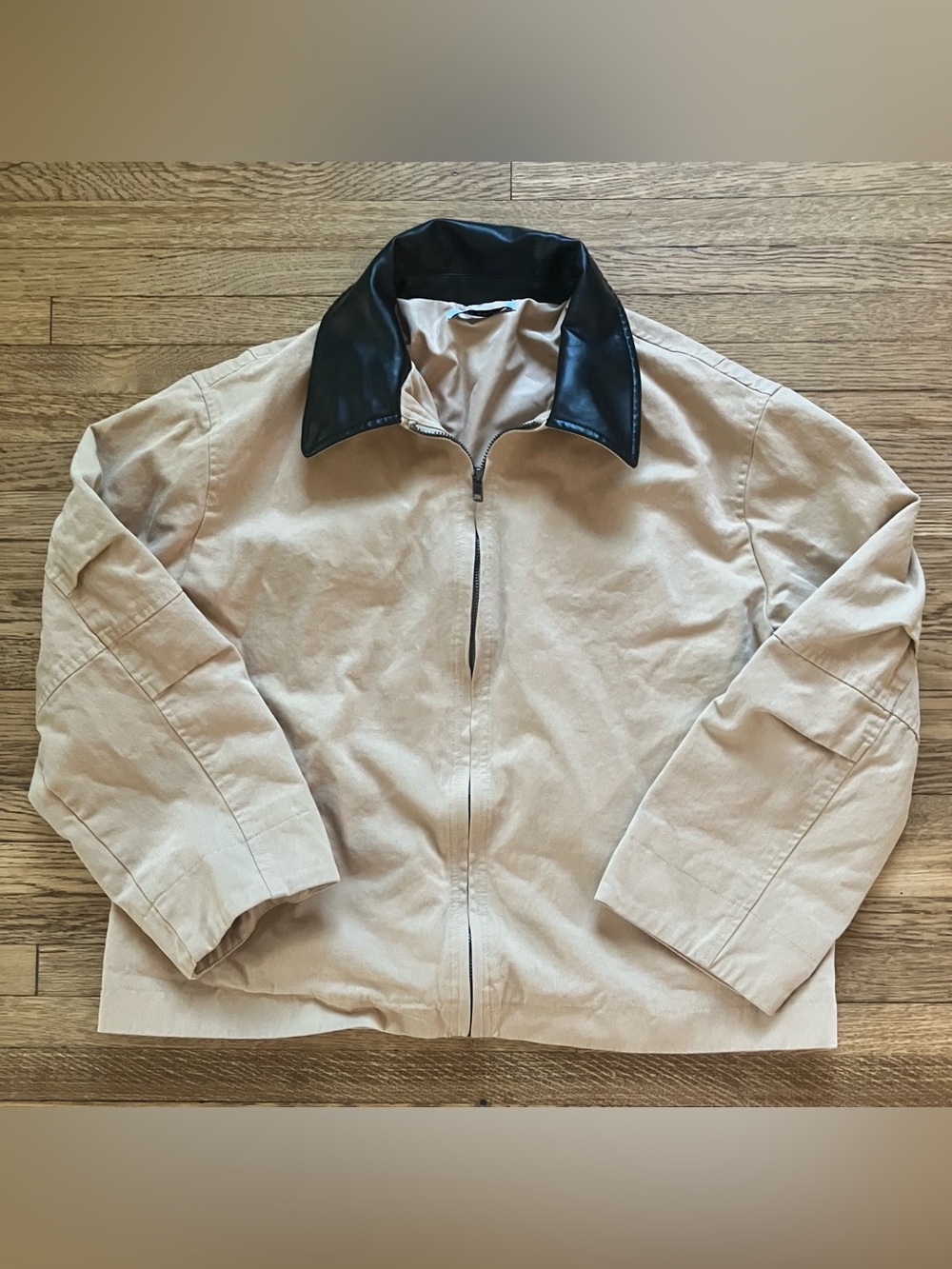 Cicy Bell Cropped Chore Jacket Coat Khaki Faux Leather Collar S